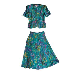 Vintage Maggy London Teal Floral Shirt Skirt Set